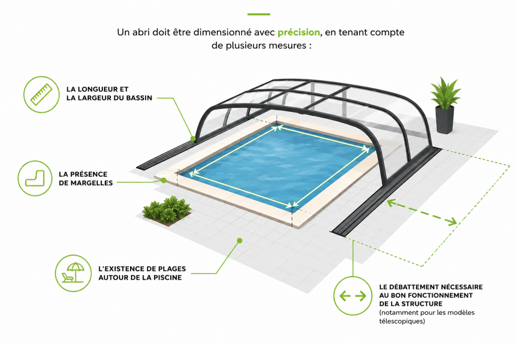 Choisir un abri de piscine : prendre les dimensions la longueur et la largeur du bassin ; la présence de margelles ; l'existence de plages autour de la piscine ; le débattement nécessaire au bon fonctionnement de la structure (notamment pour les modèles télescopiques). Une erreur de dimensionnement, même minime, peut compromettre l'installation ou le bon fonctionnement de l'abri.